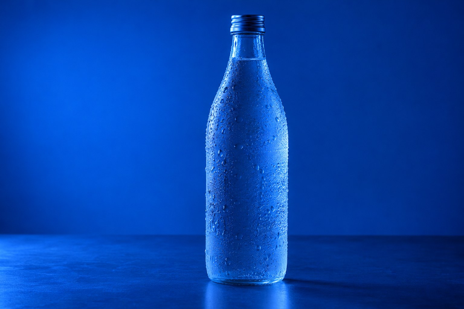 a frosted glass bottle of mineral water beaded with condensation photographed in a studio
