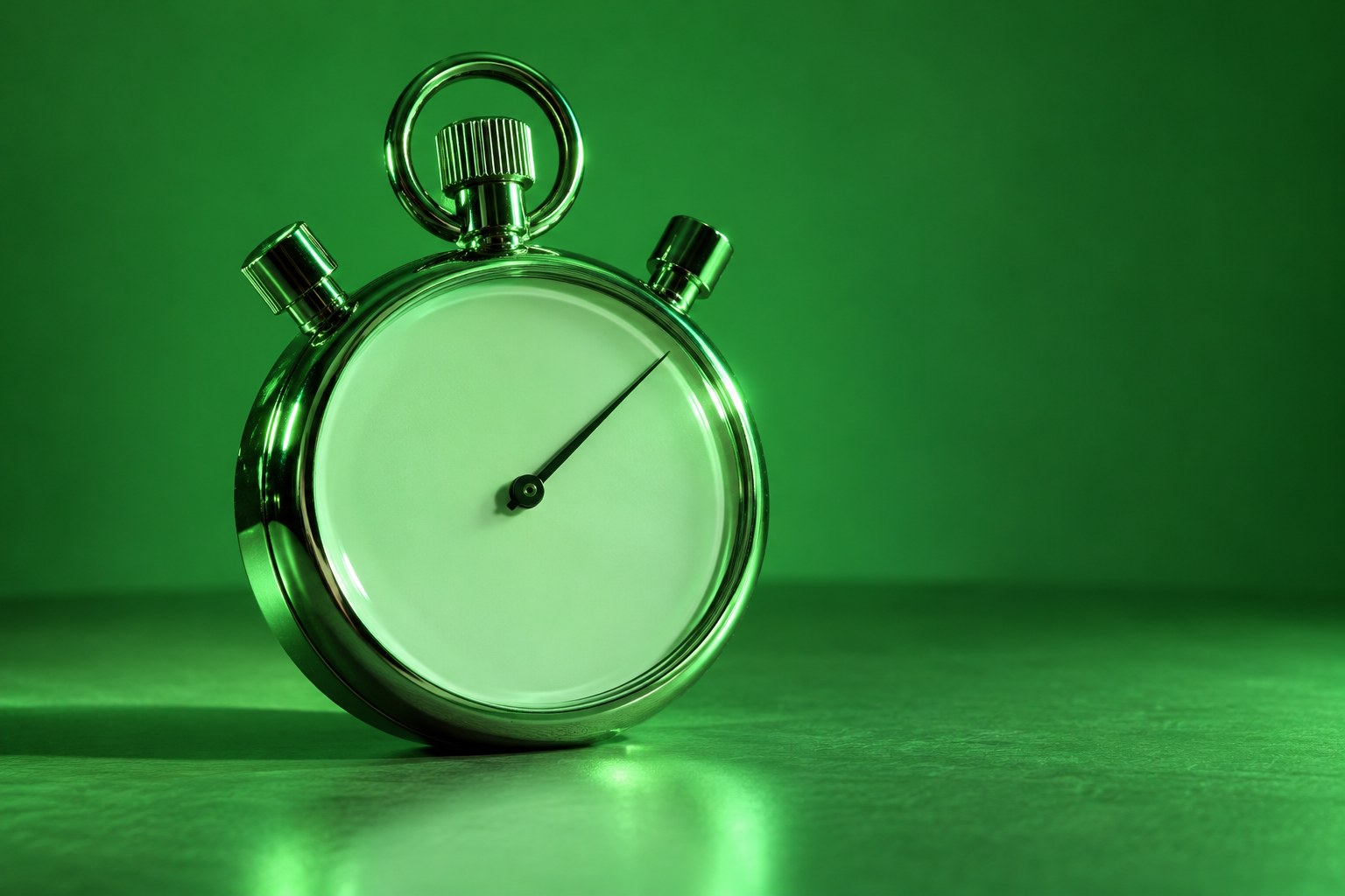 A chrome stopwatch with a blank white face on a smooth table in green light