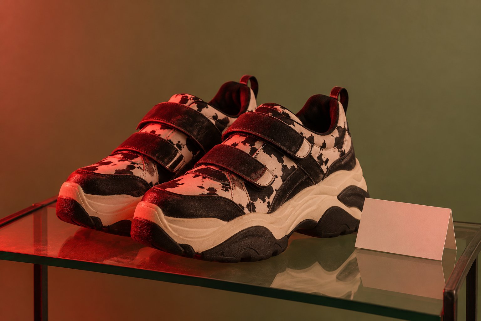 Chunky black and white club sneakers with Velcro straps on a glass boutique shelf beside a business card, 1990s Australia.