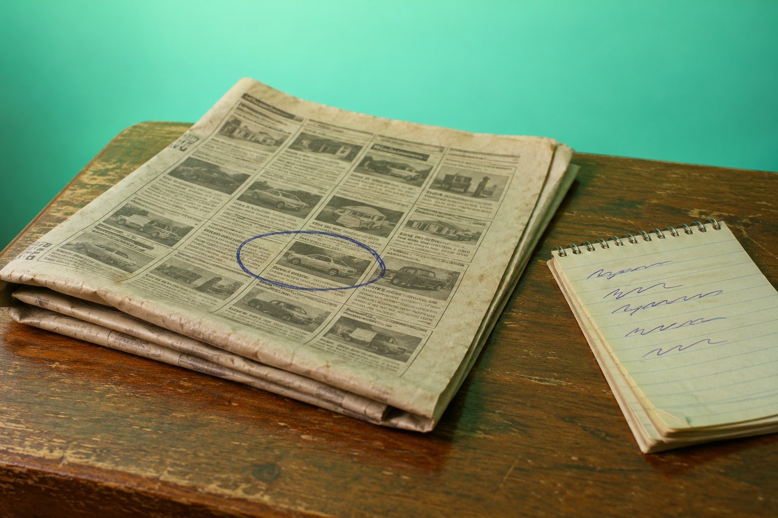 A newspaper page with one ad circled in pen beside a notepad