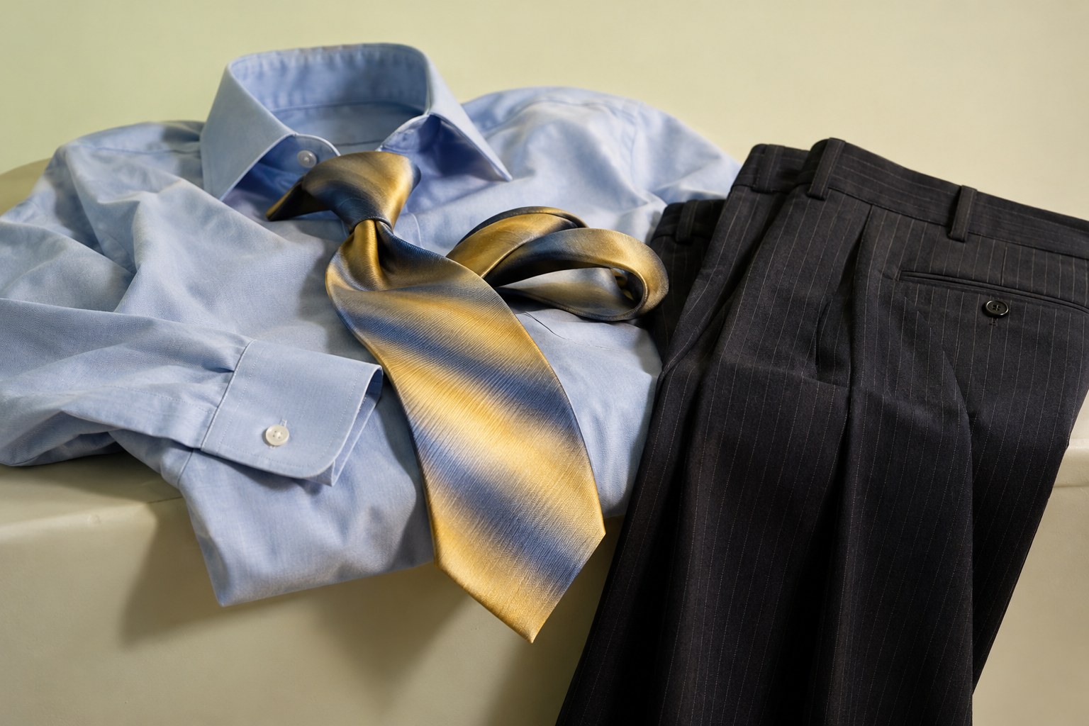 A blue shirt with a colourful tie and pinstriped trousers, studio photograph in the style of 1999 Sydney