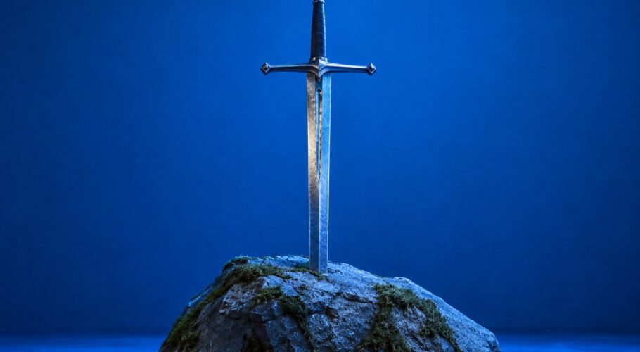 A steel medieval claymore sword standing upright in a mossy grey stone under blue light