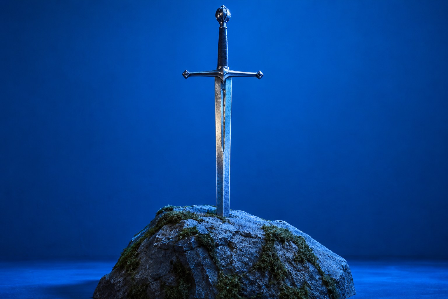 A steel medieval claymore sword standing upright in a mossy grey stone under blue light