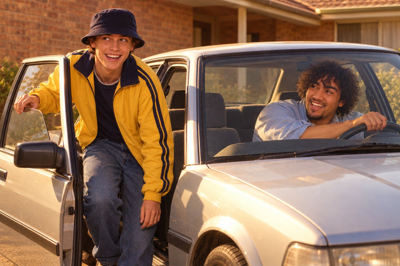 Two young men laugh as one climbs out of a plain sedan outside a brick home in 1990s Sydney.
