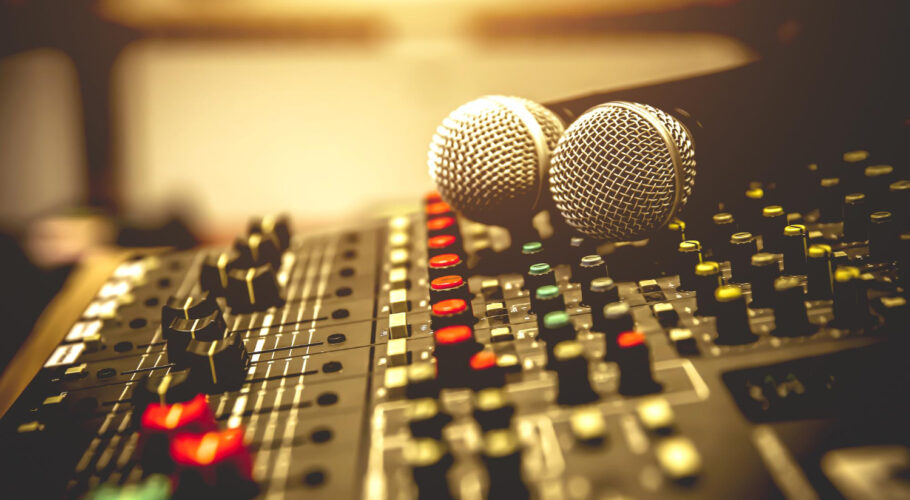 closeup microphone sound mixer studio sound record control system audio equipment music instrument