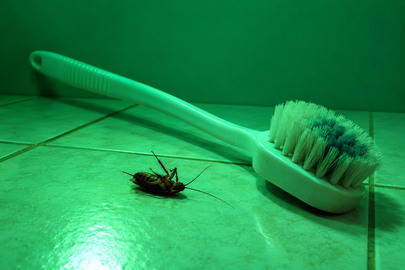 A back-scrubbing brush and a cockroach on bathroom tiles