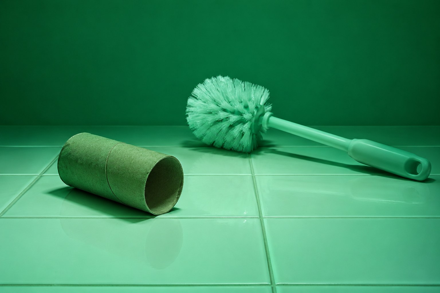 Empty toilet roll tube and brush on a bathroom floor, tools of the cockroach war
