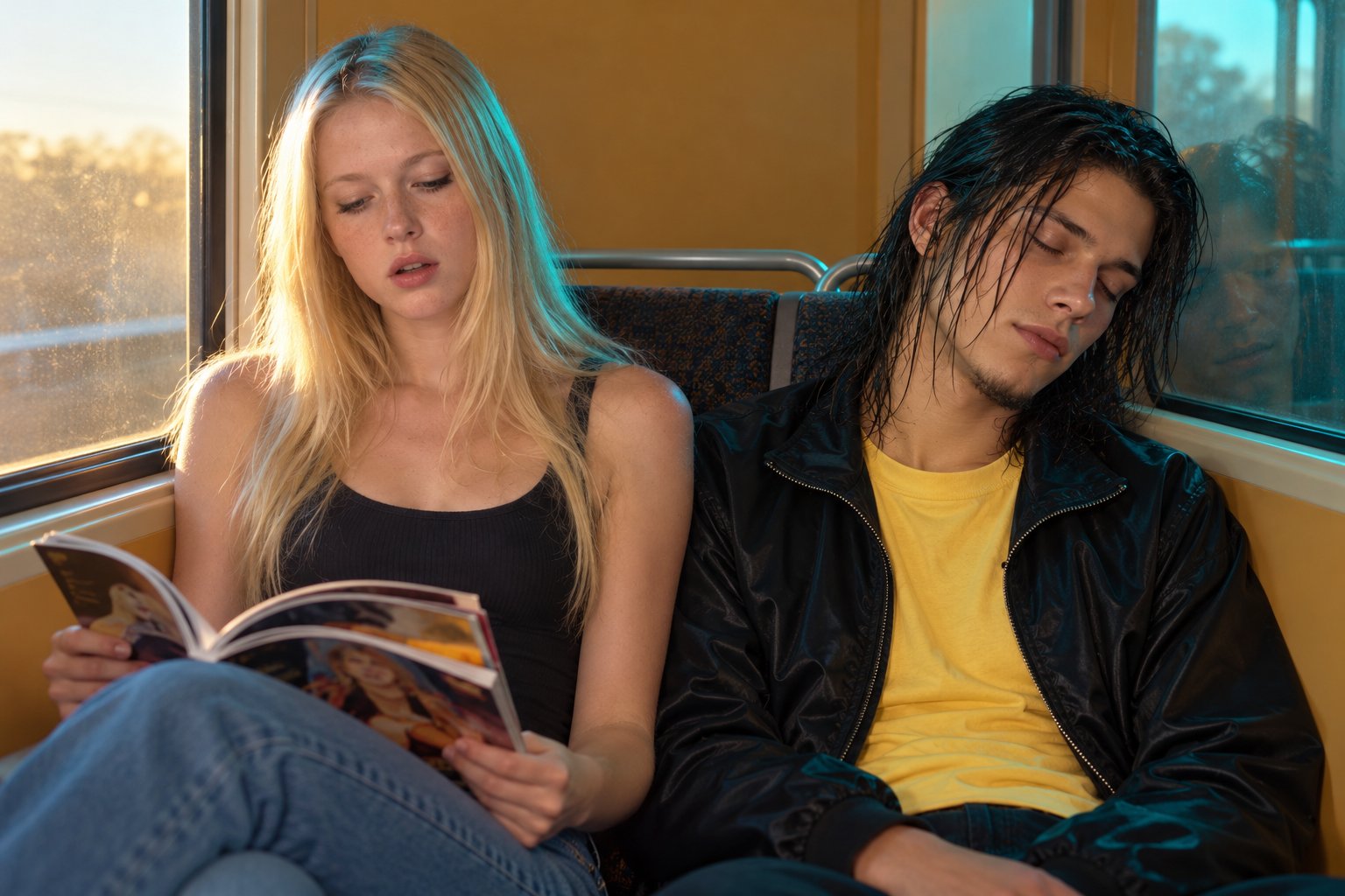 A young woman reads a magazine on a commuter train while the young man beside her dozes against the window, 1990s Australia.