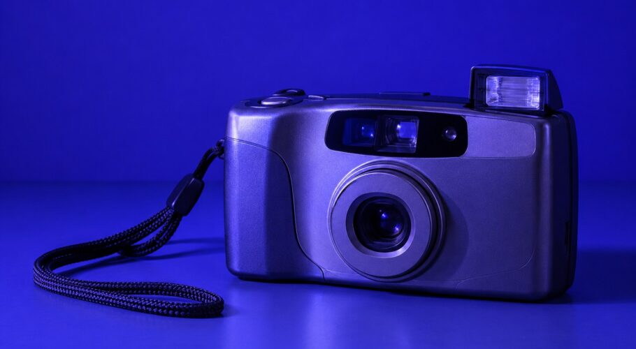 A compact 35mm film camera with a wrist strap.