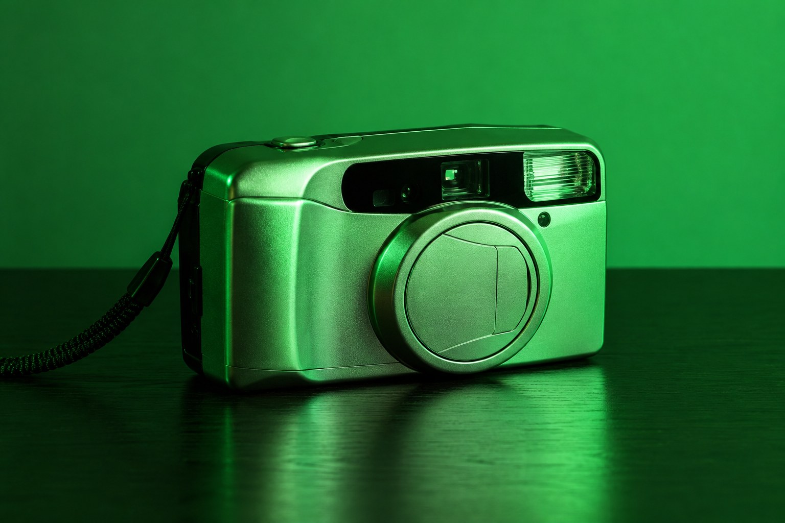 A silver compact film camera with its lens closed on a dark table