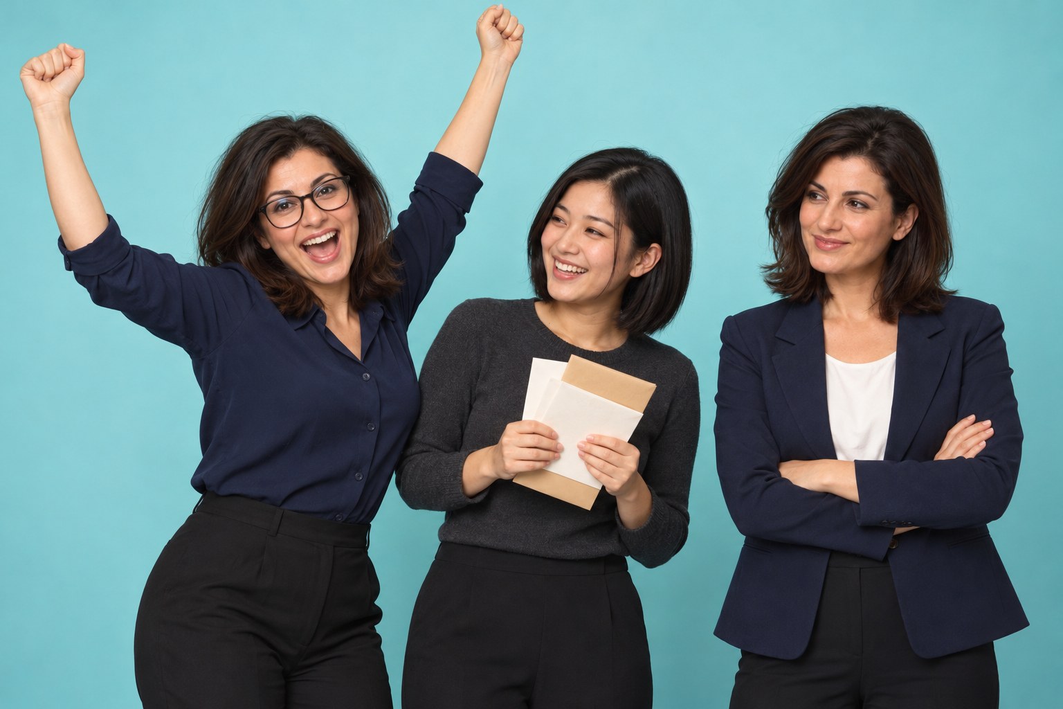Three office workers celebrate, one with her arms in the air, studio photograph in the style of 1999 Sydney