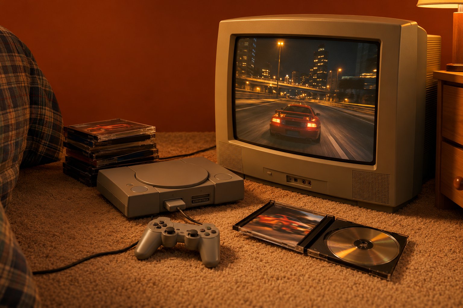 A games console, controller and stack of discs beside a CRT television in a suburban bedroom at night in 1990s Australia.