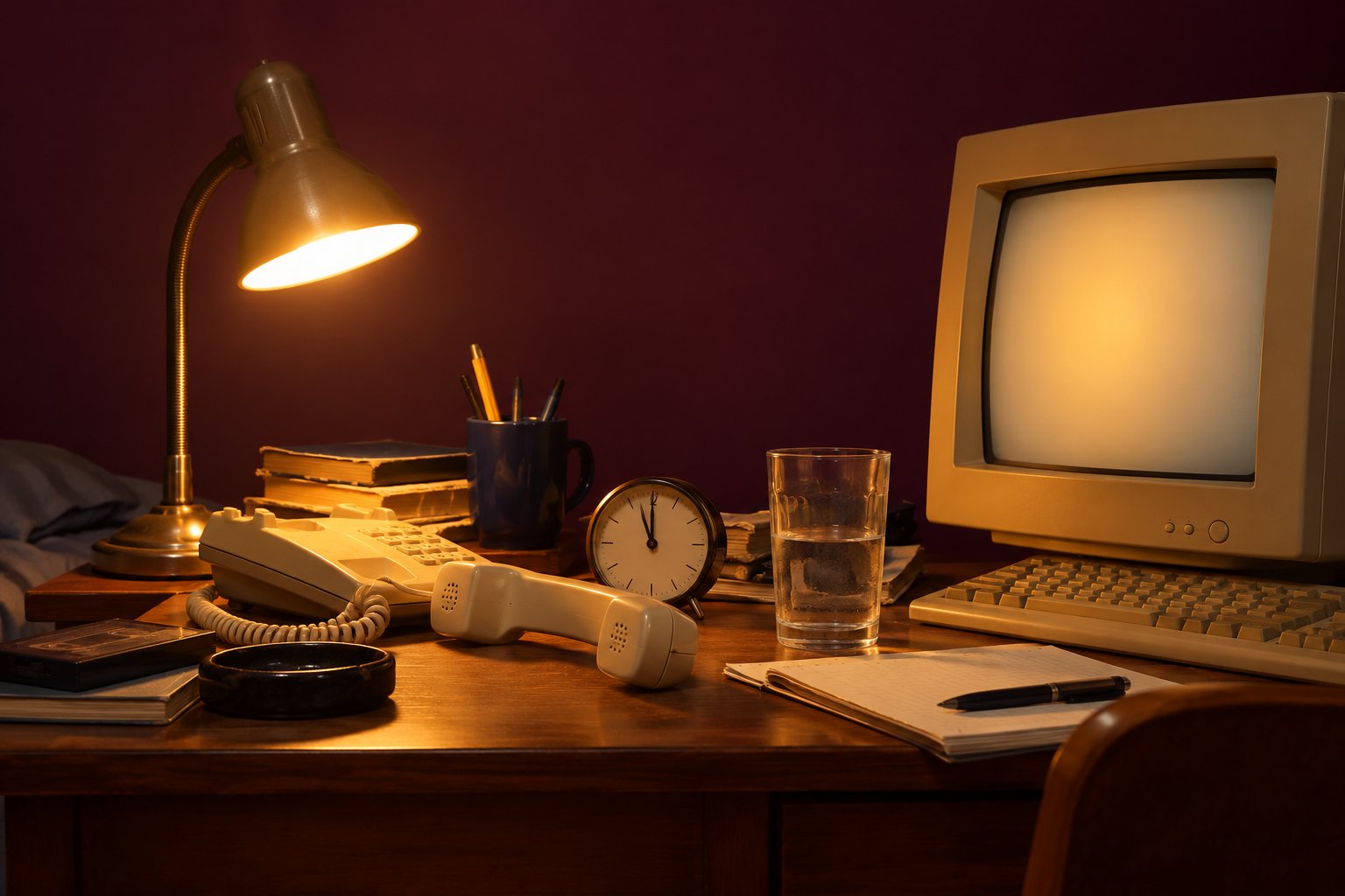 A beige corded phone handset lying off the cradle on a cluttered desk beside a glowing computer monitor and an alarm clock in a 1990s Australian bedroom.
