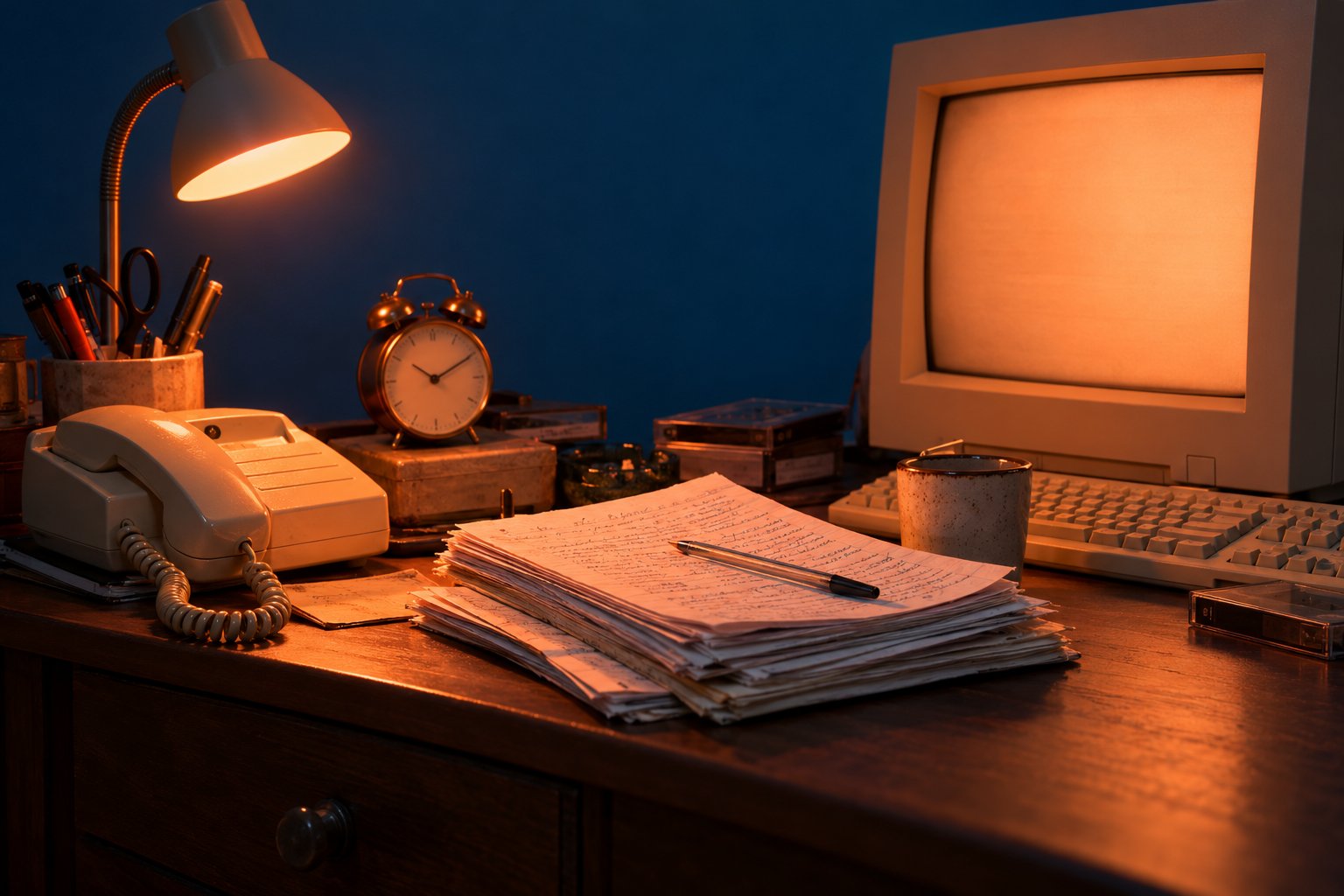 A beige corded telephone, handwritten diary pages, an alarm clock and a CRT monitor on a cluttered 1990s bedroom desk.