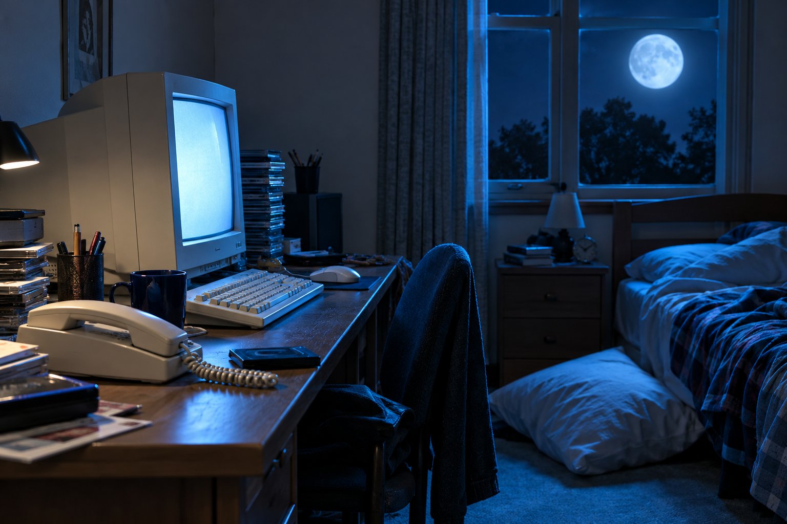 A corded phone on a cluttered desk with a bright full moon in the bedroom window at night, 1990s Australia.
