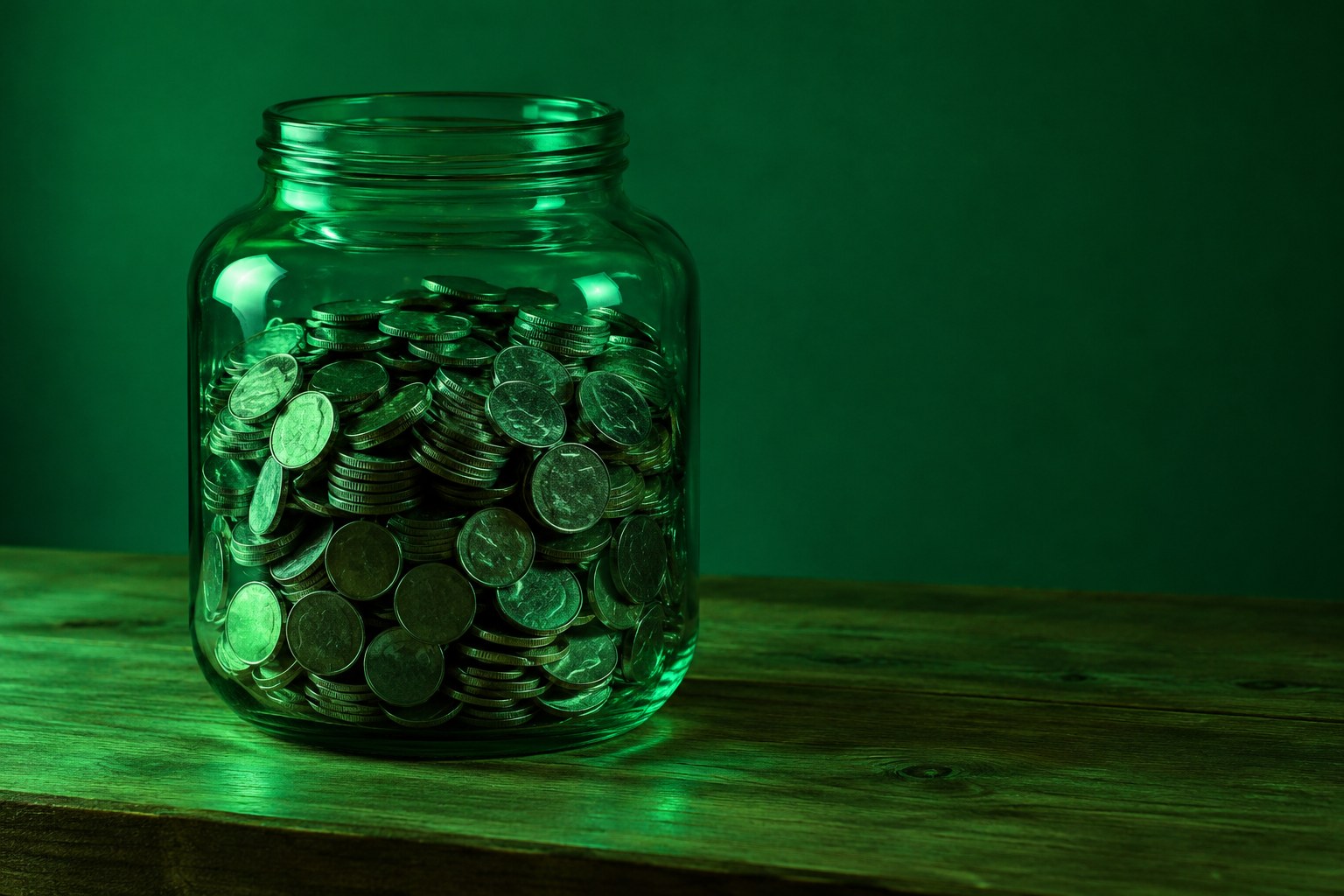 a fat glass jar of loose silver coins on a plain wooden bench photographed in a studio