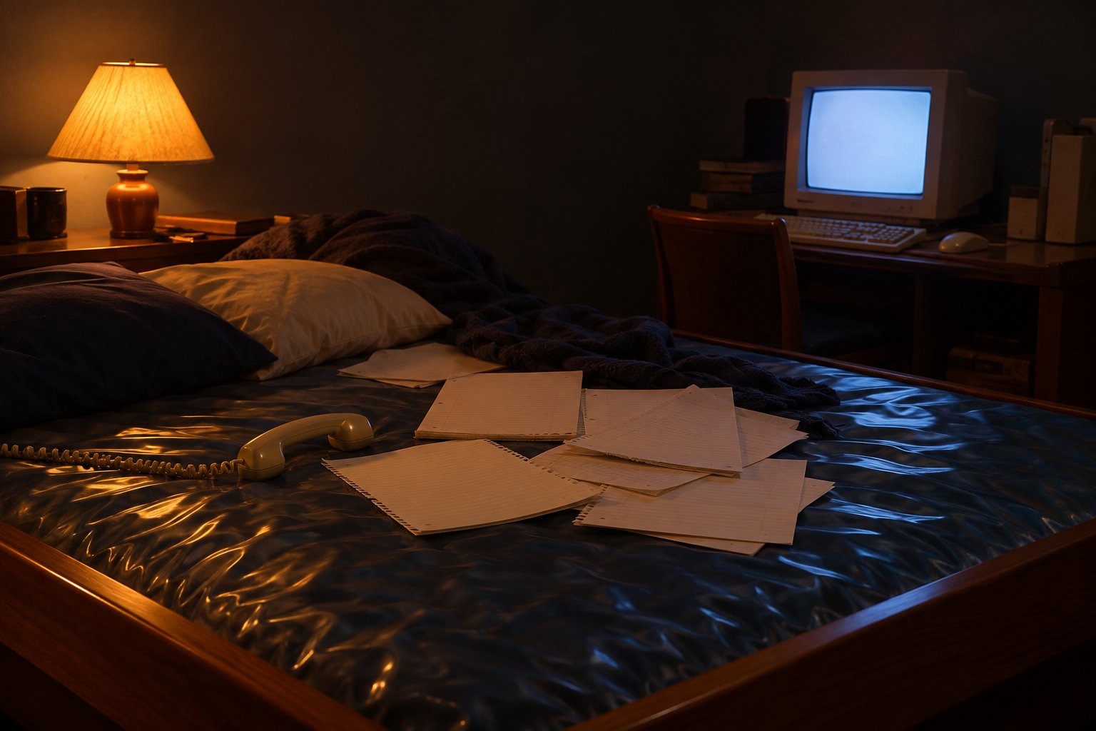 A beige corded phone handset on a waterbed beside a glowing CRT monitor and loose pages in a dim 1990s bedroom.