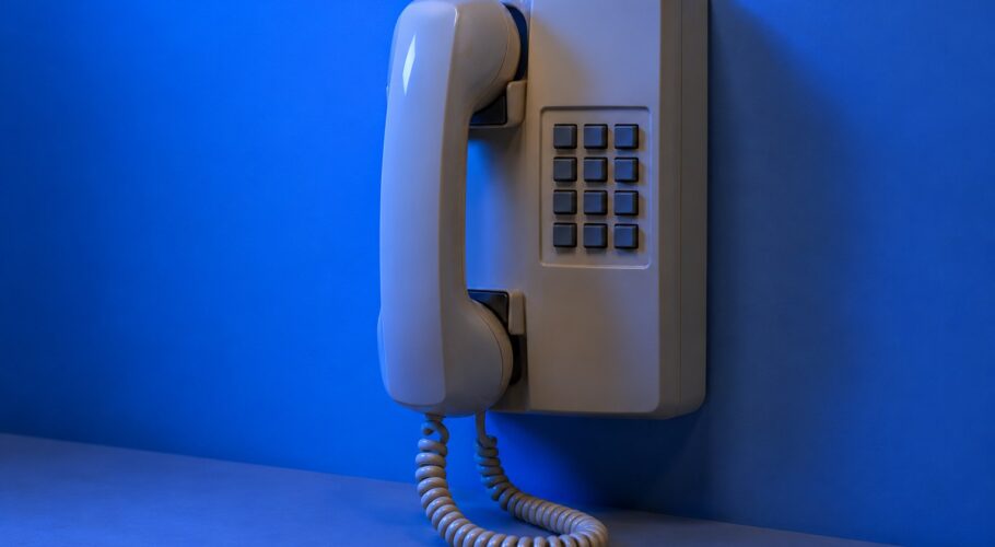 A cream corded telephone with a curled cord on a wooden table in blue light