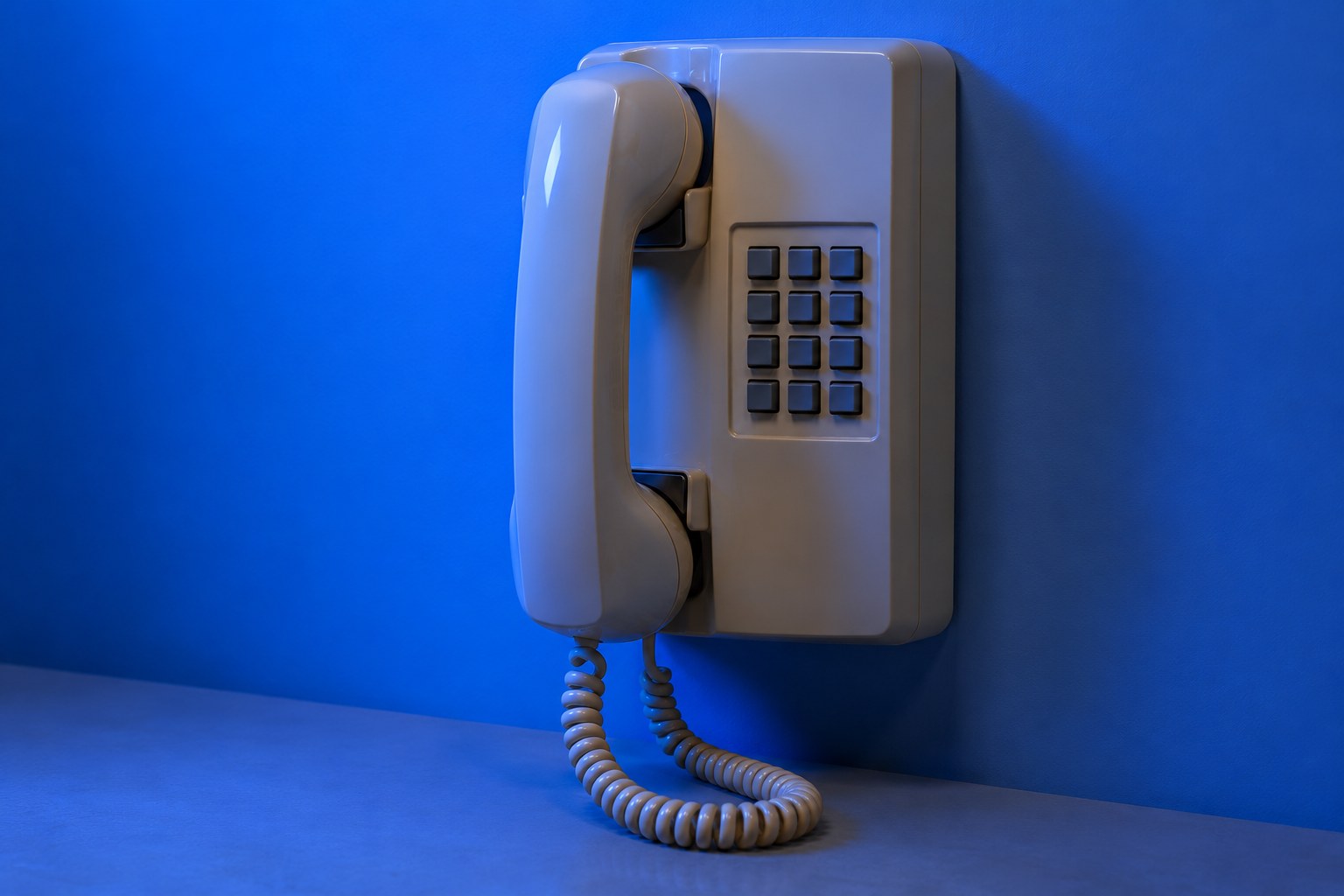 A cream corded telephone with a curled cord on a wooden table in blue light