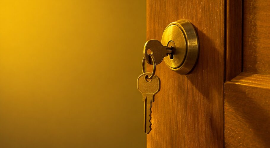 a brass door key left hanging in the lock of a plain timber door photographed in a studio
