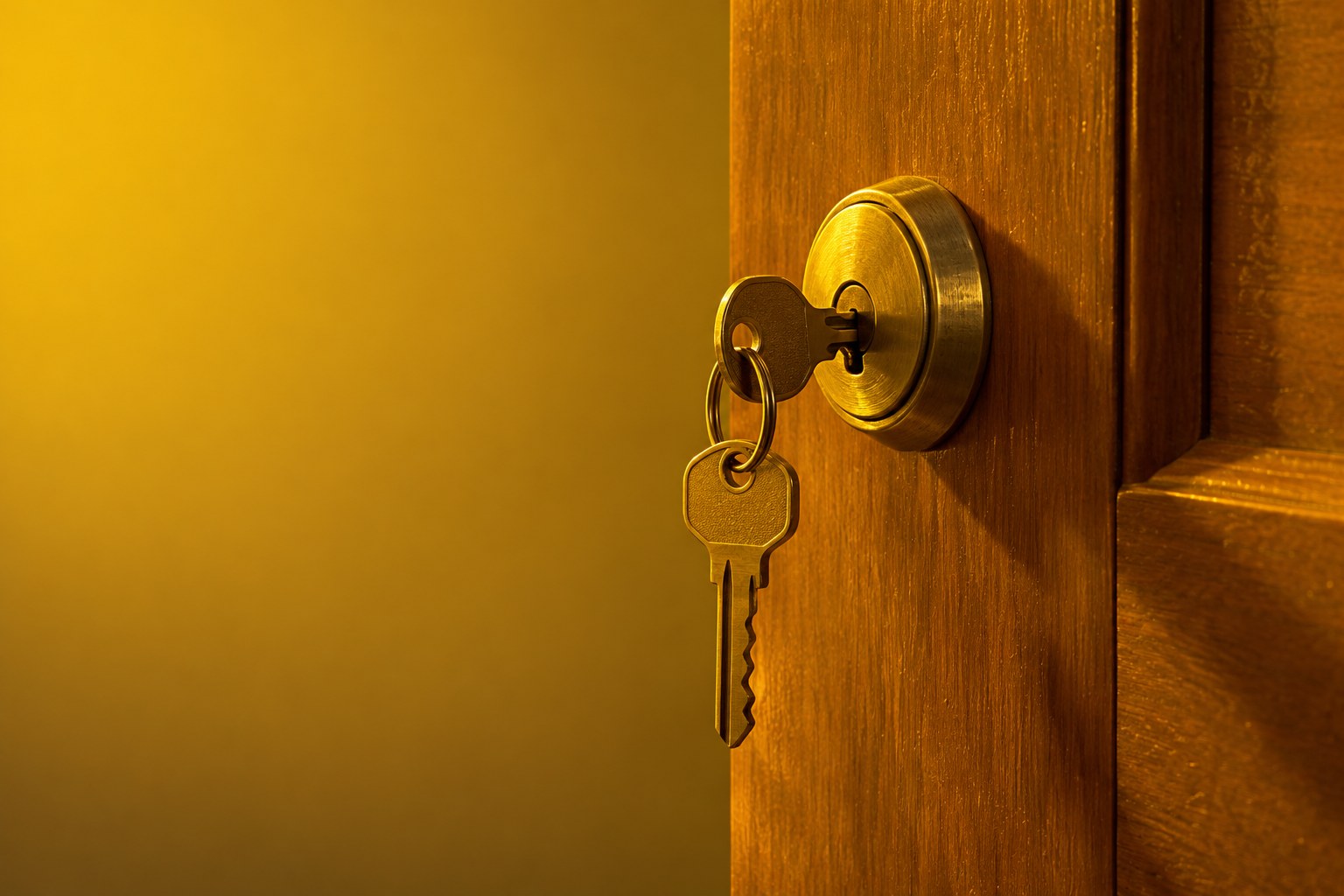 a brass door key left hanging in the lock of a plain timber door photographed in a studio