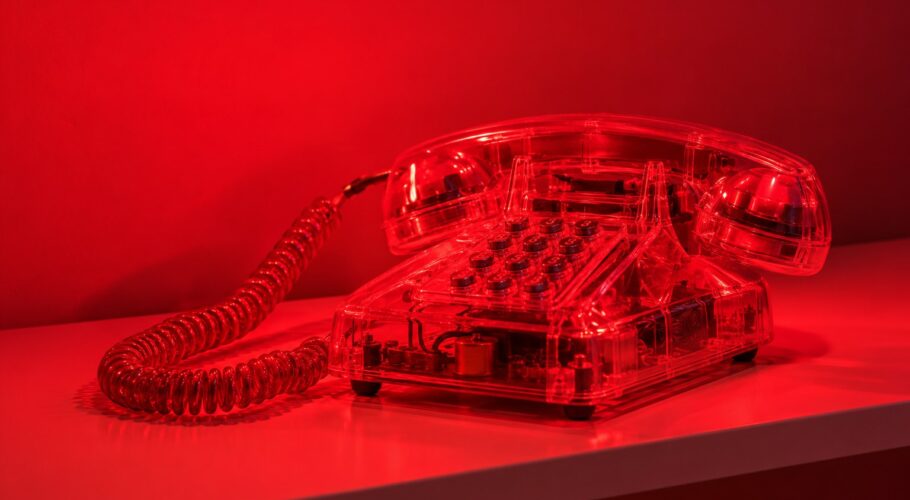 A cream corded telephone with the handset off the hook