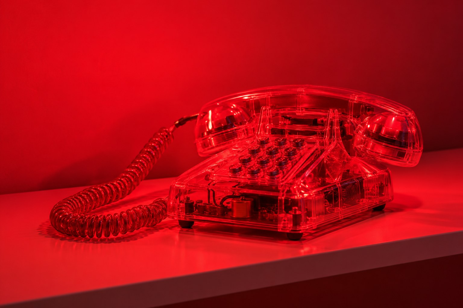 A cream corded telephone with the handset off the hook