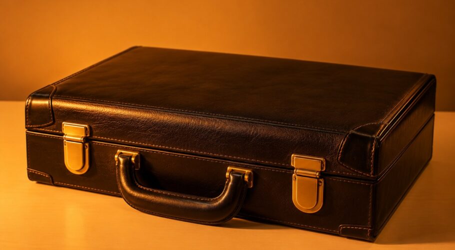 a black leather briefcase with brass clasps closed on a pale desk photographed in a studio