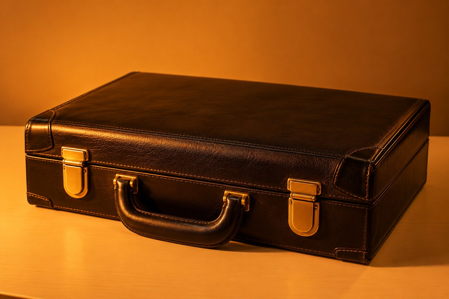 a black leather briefcase with brass clasps closed on a pale desk photographed in a studio