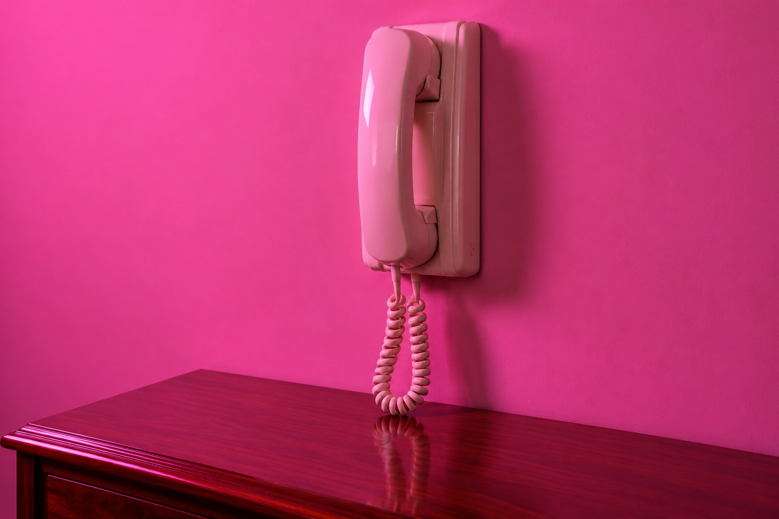 A cream corded telephone with a coiled cord on a wooden table in pink light