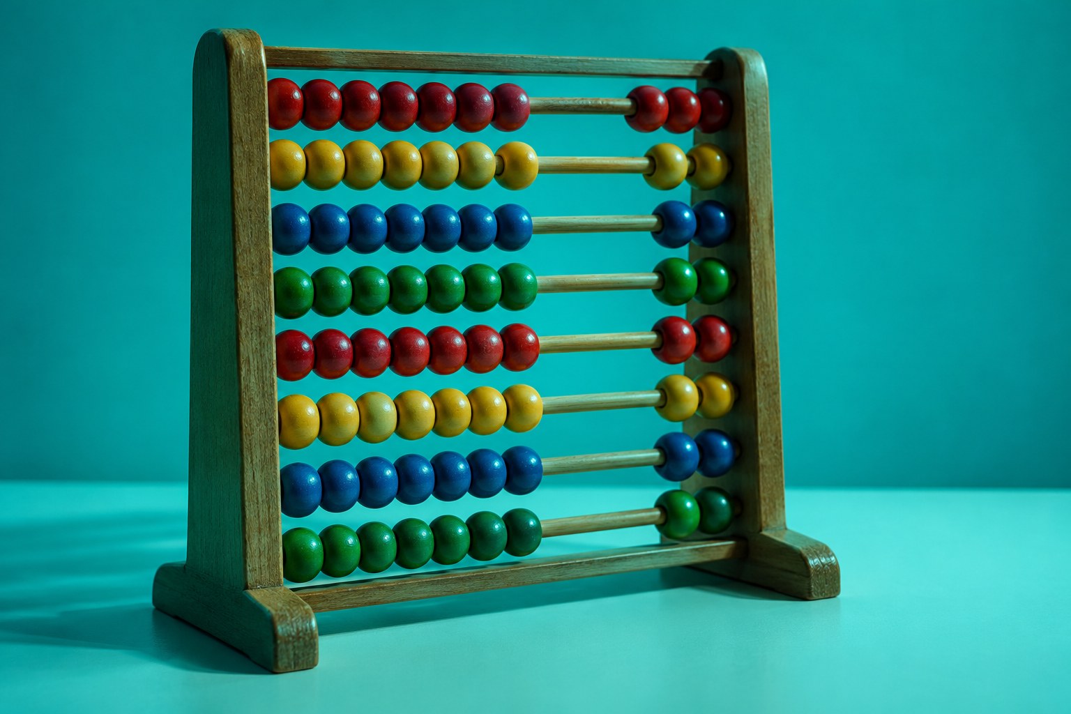 a wooden abacus with plain coloured beads on a pale surface photographed in a studio