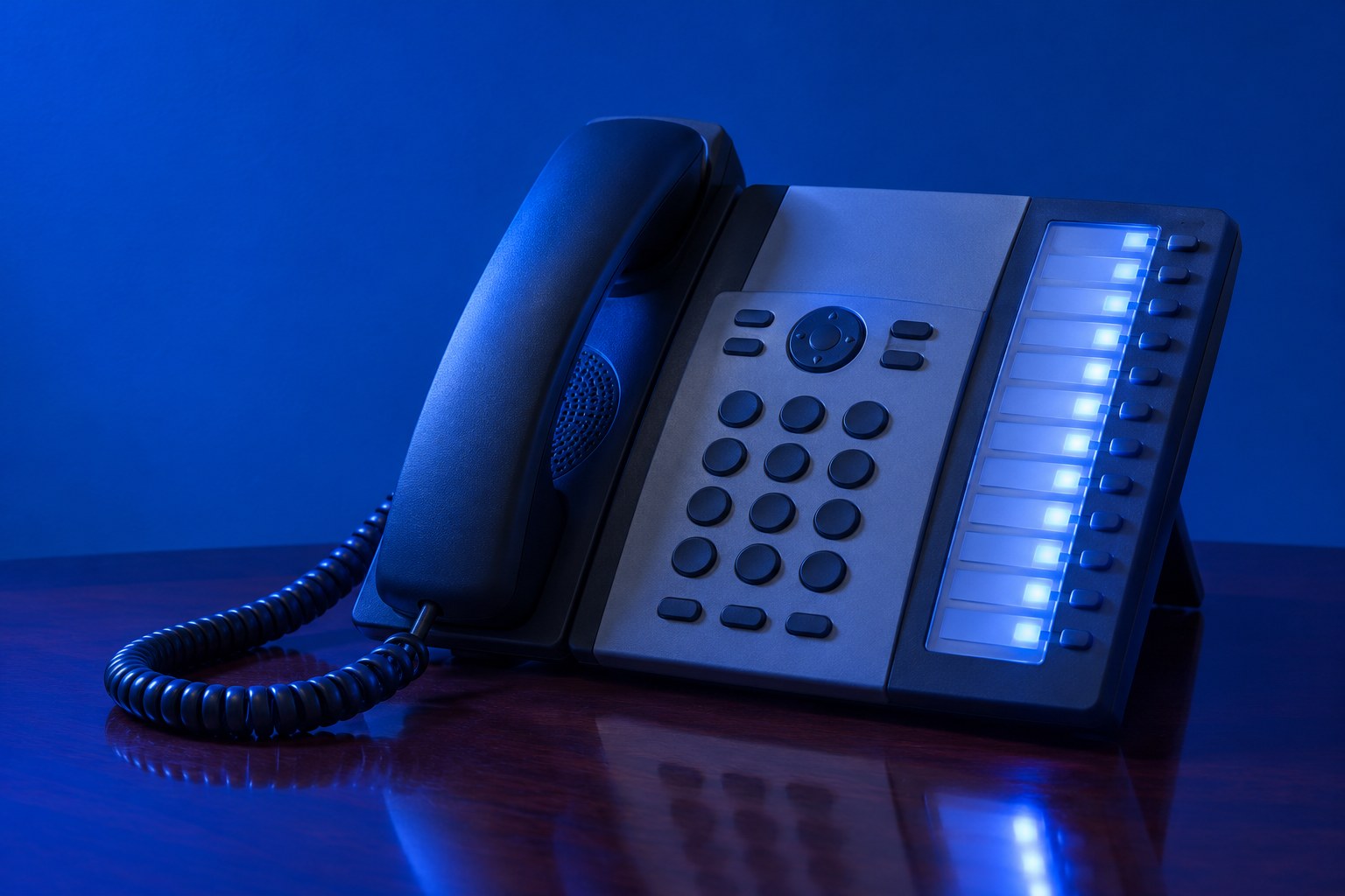 A cream corded telephone with the receiver off the cradle