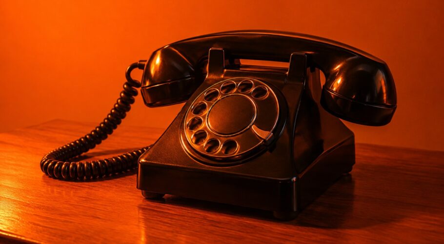 A cream corded telephone with its receiver off the hook on a wooden table