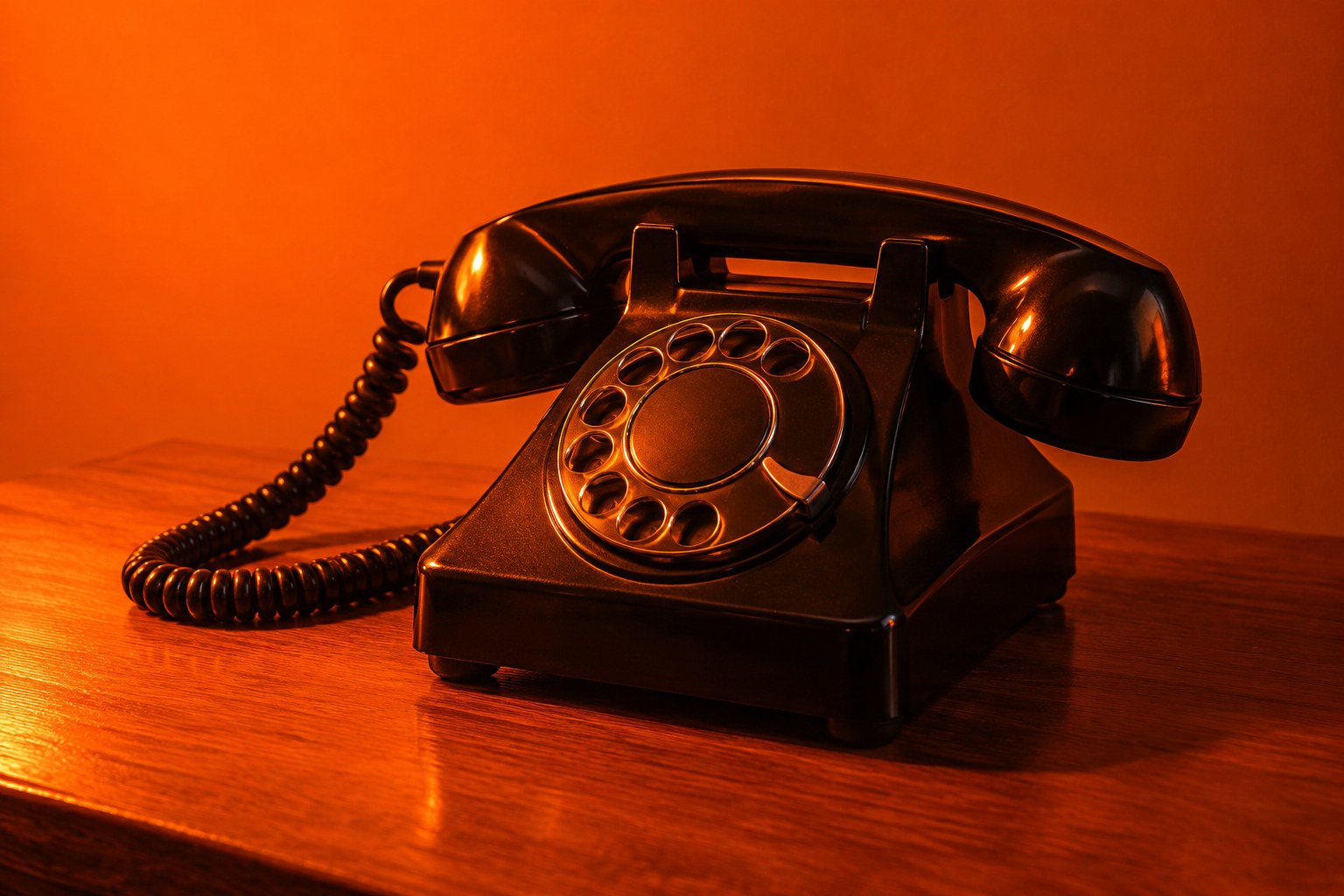 A cream corded telephone with its receiver off the hook on a wooden table