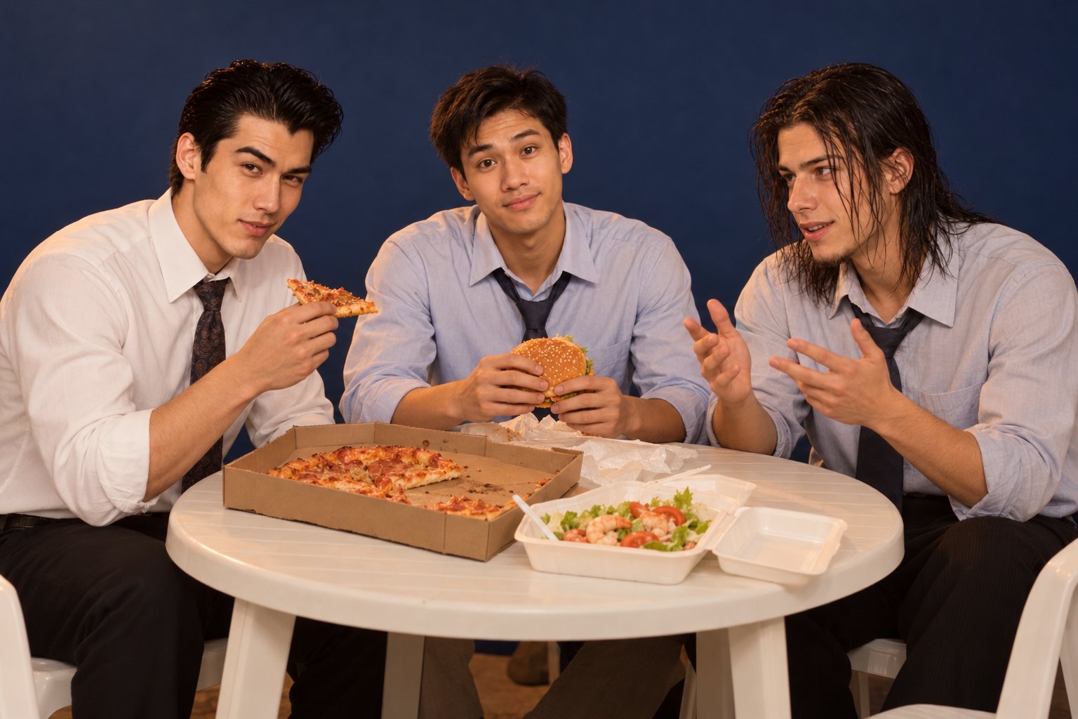 Three young men in office wear sharing takeaway food at a food court table in 1990s Sydney.