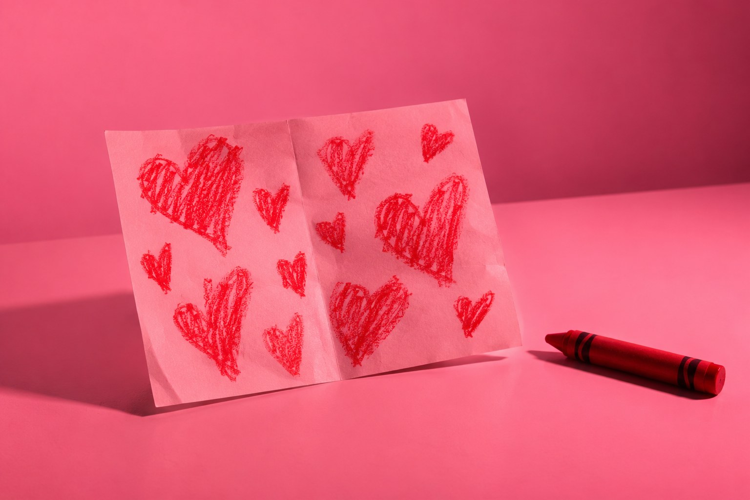 a folded paper love letter drawn with red crayon hearts and a red crayon in a studio