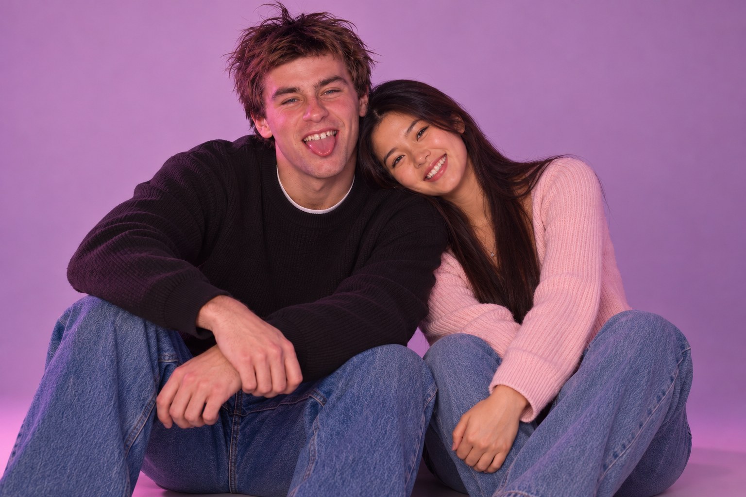 A smiling couple sit close together laughing playfully, studio photograph in the style of 1999 Sydney