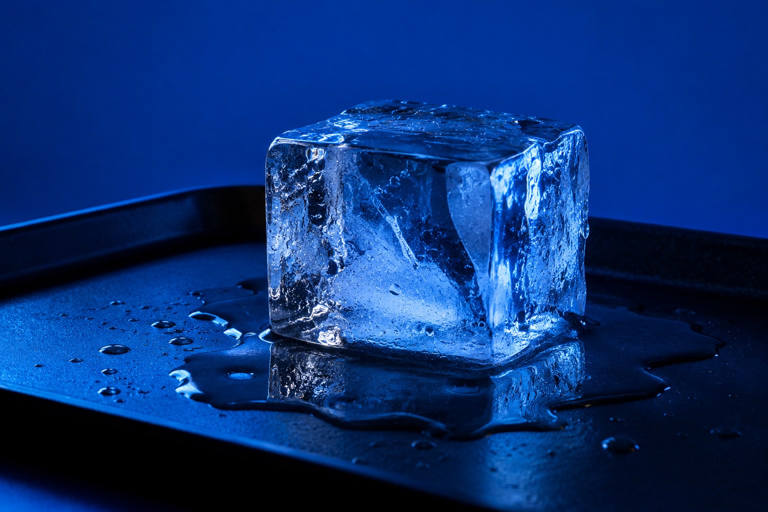 a block of clear ice melting on a dark tray photographed in a studio