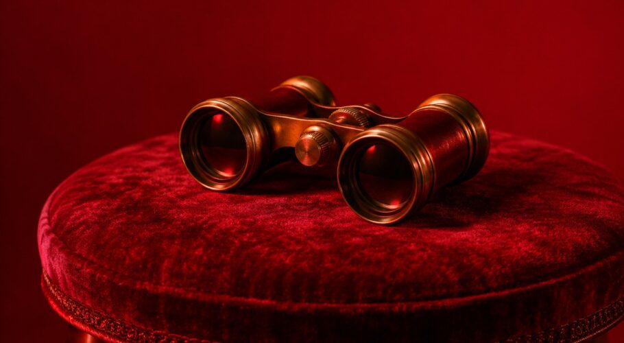 a pair of brass opera glasses on a velvet covered stool photographed in a studio