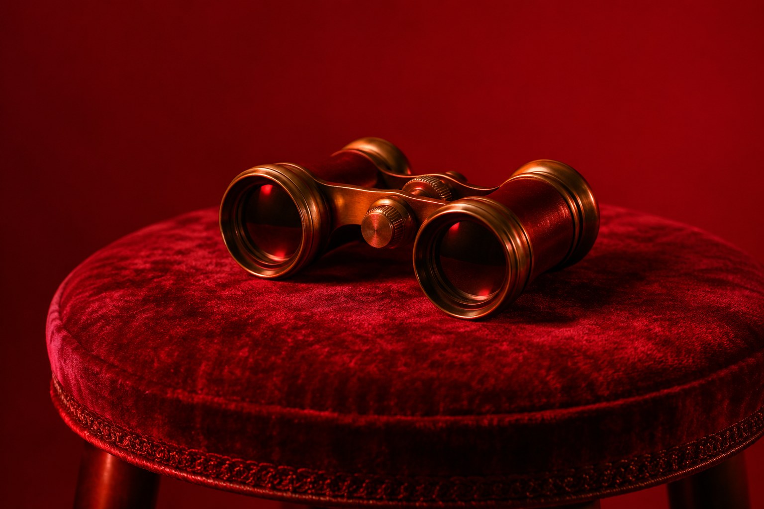 a pair of brass opera glasses on a velvet covered stool photographed in a studio