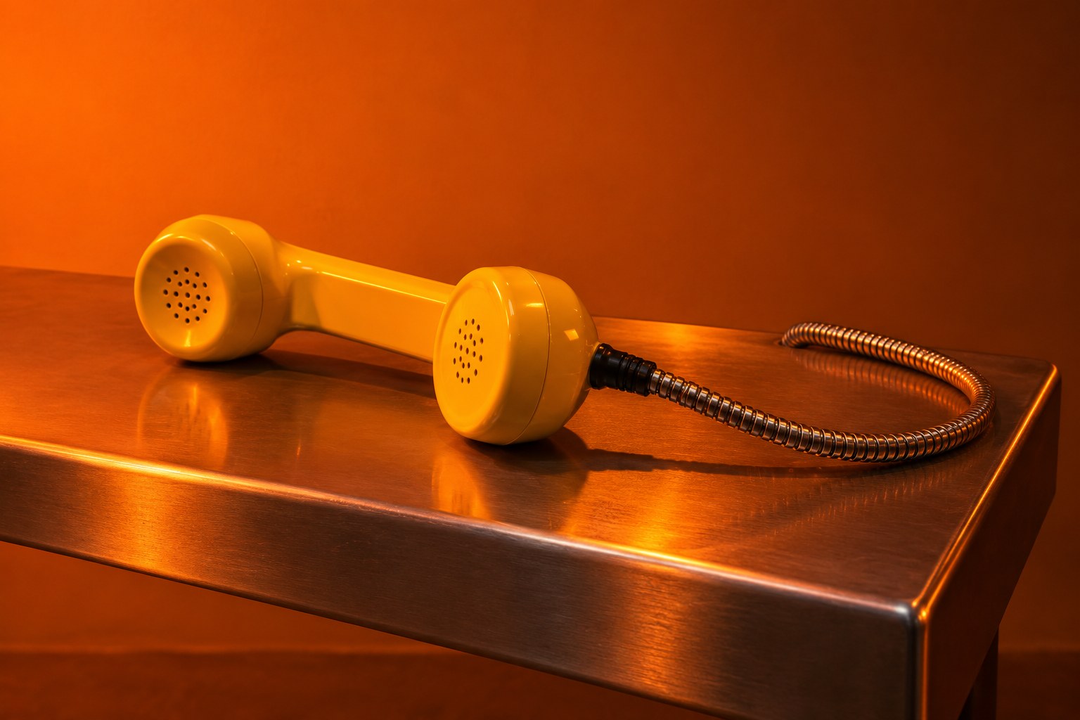 A cream coloured corded telephone on a wooden table