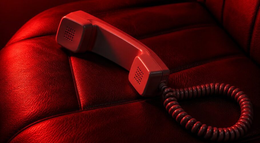 A cream corded telephone with the receiver off its cradle in red light