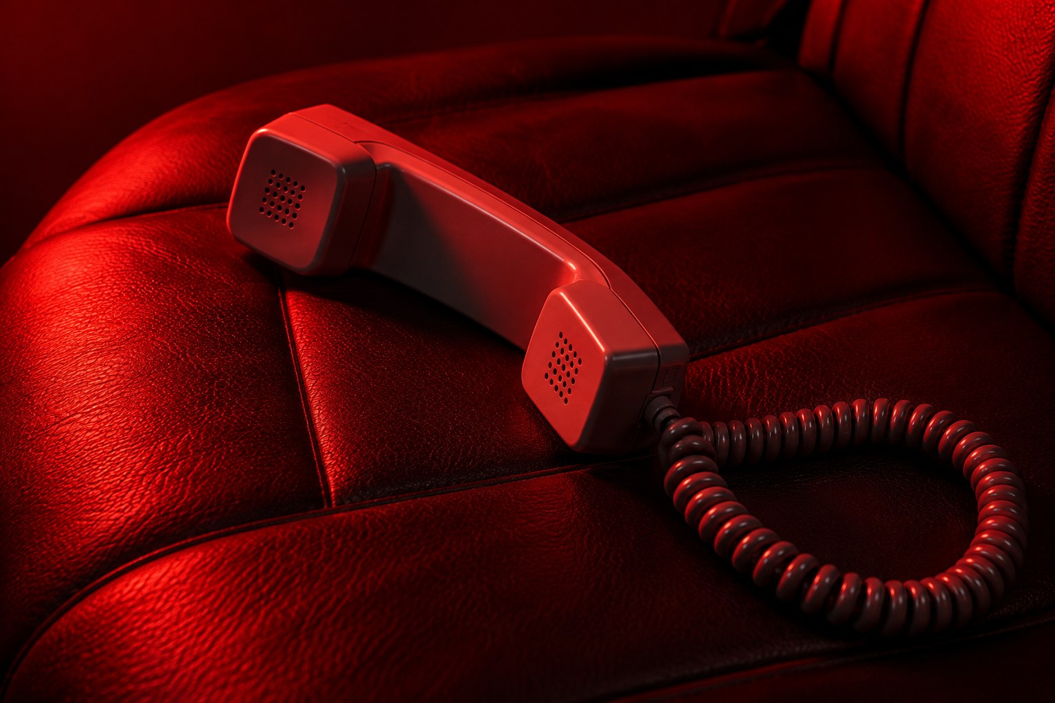 A cream corded telephone with the receiver off its cradle in red light