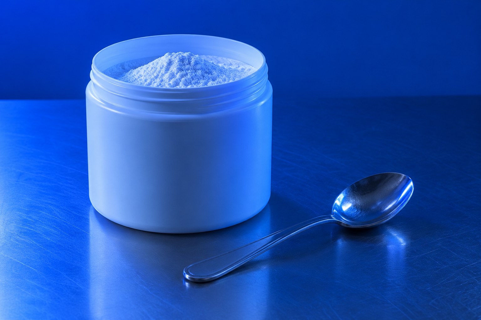 A white supplement tub with a metal teaspoon on a steel bench