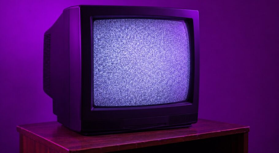 A glowing CRT television set on a wooden stand under purple light
