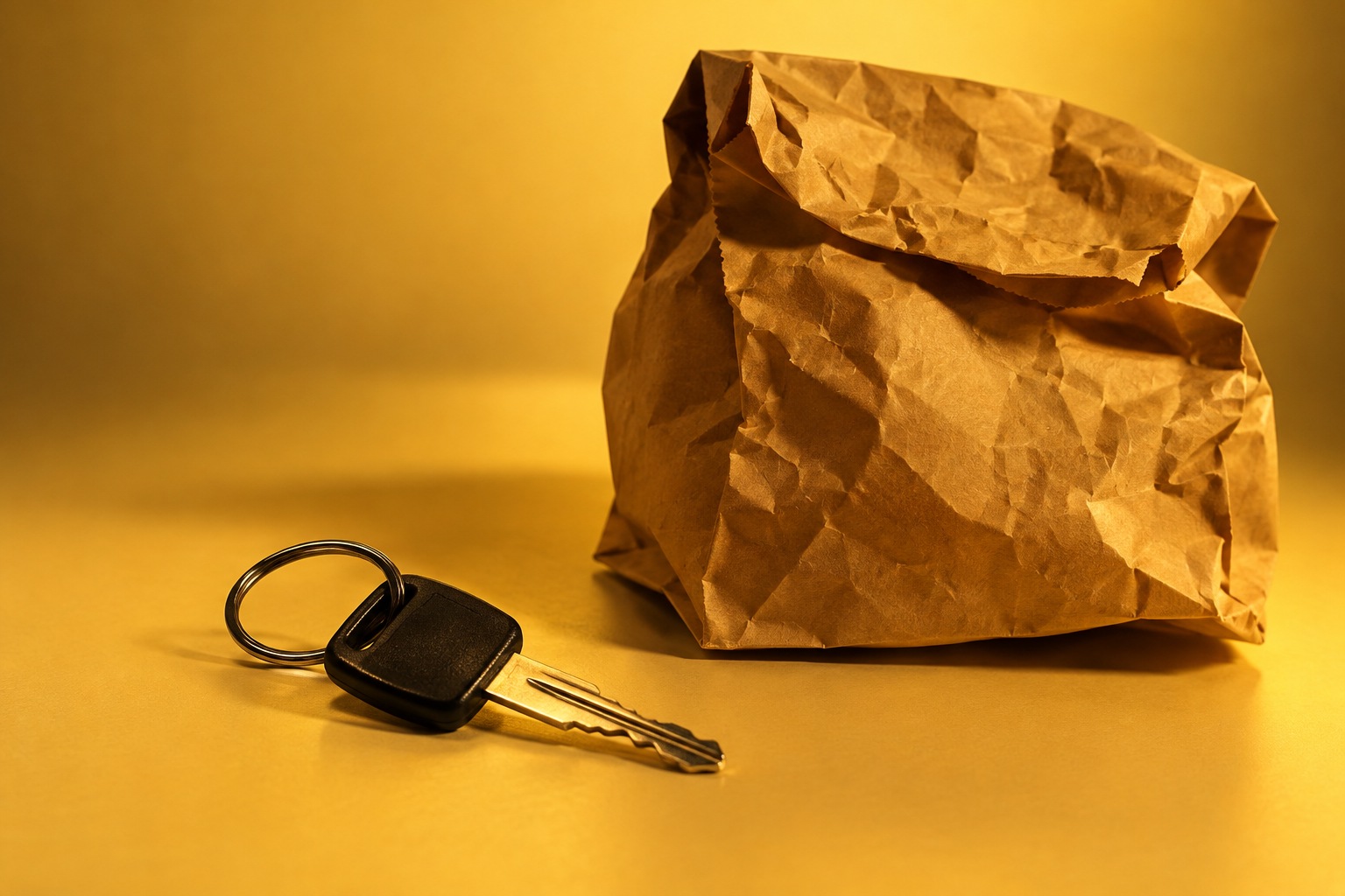 Plain metal car key beside a crumpled paper burger bag in yellow light
