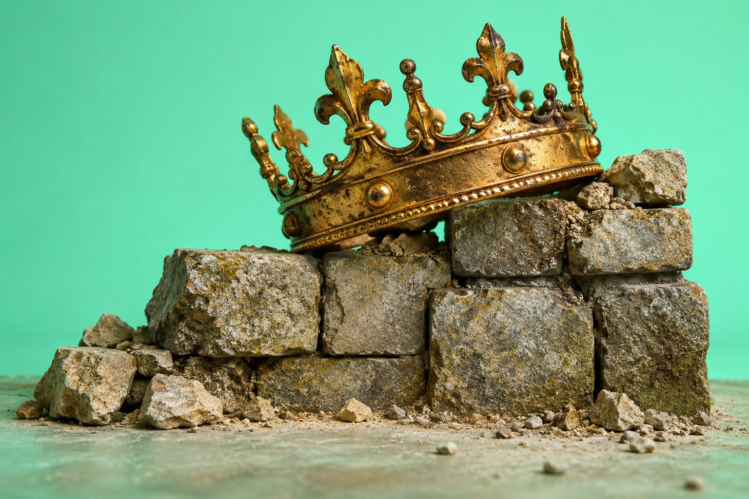 A tarnished crown perched on a crumbling stone wall