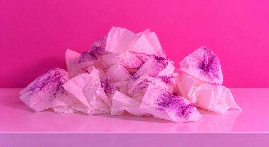 Crumpled tissues streaked with purple, the evidence of a make up mishap.