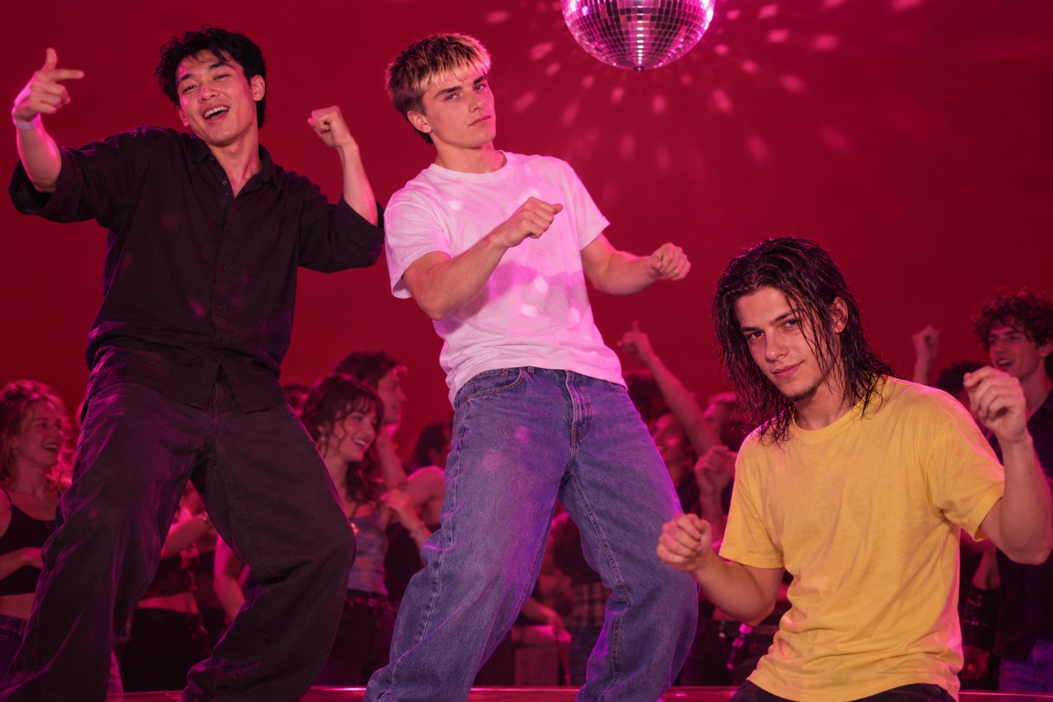 Three young men dance side by side on a raised nightclub platform under mirror ball light, 1990s Australia.