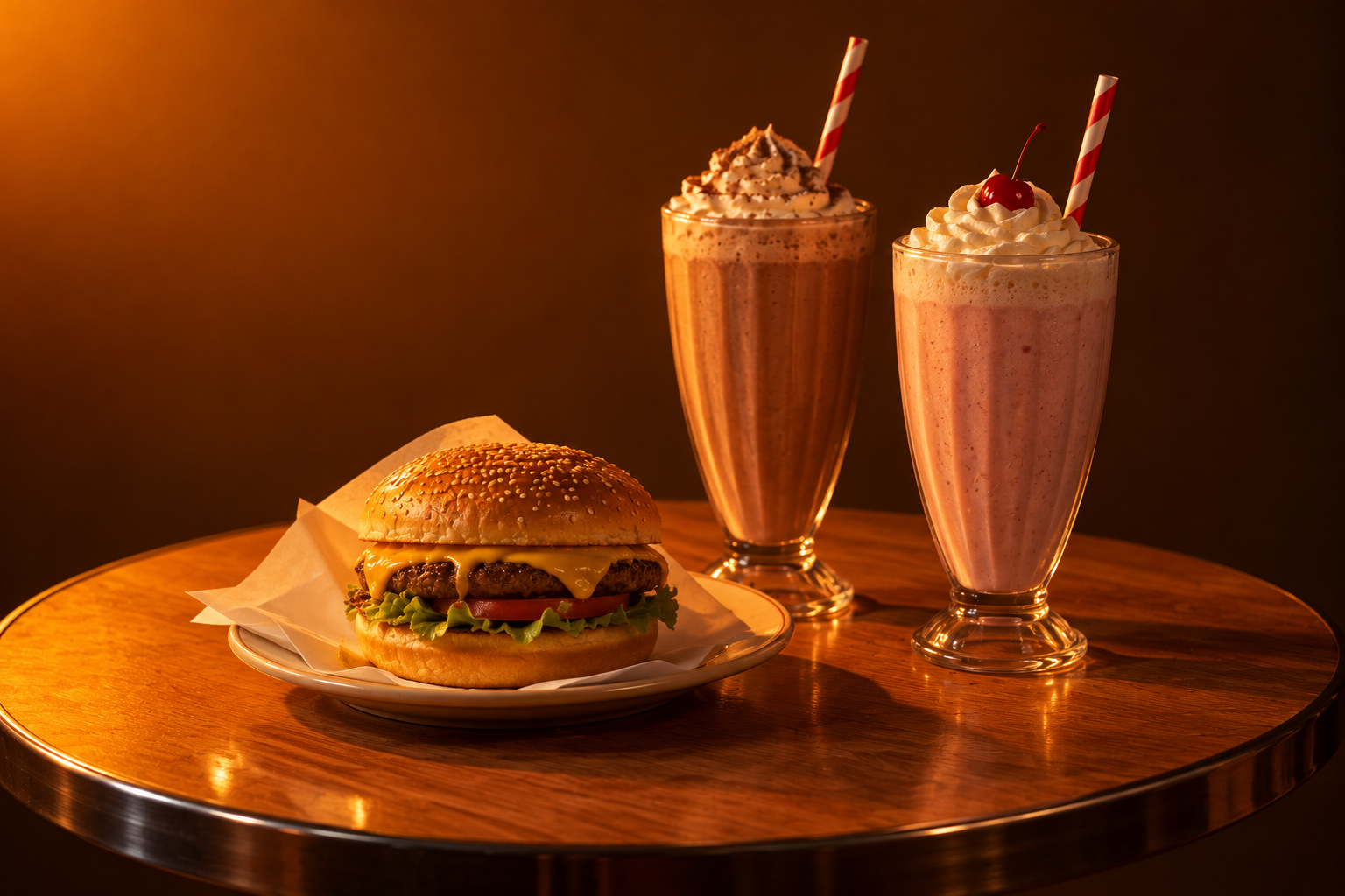 Cheeseburger and two milkshakes in warm orange light